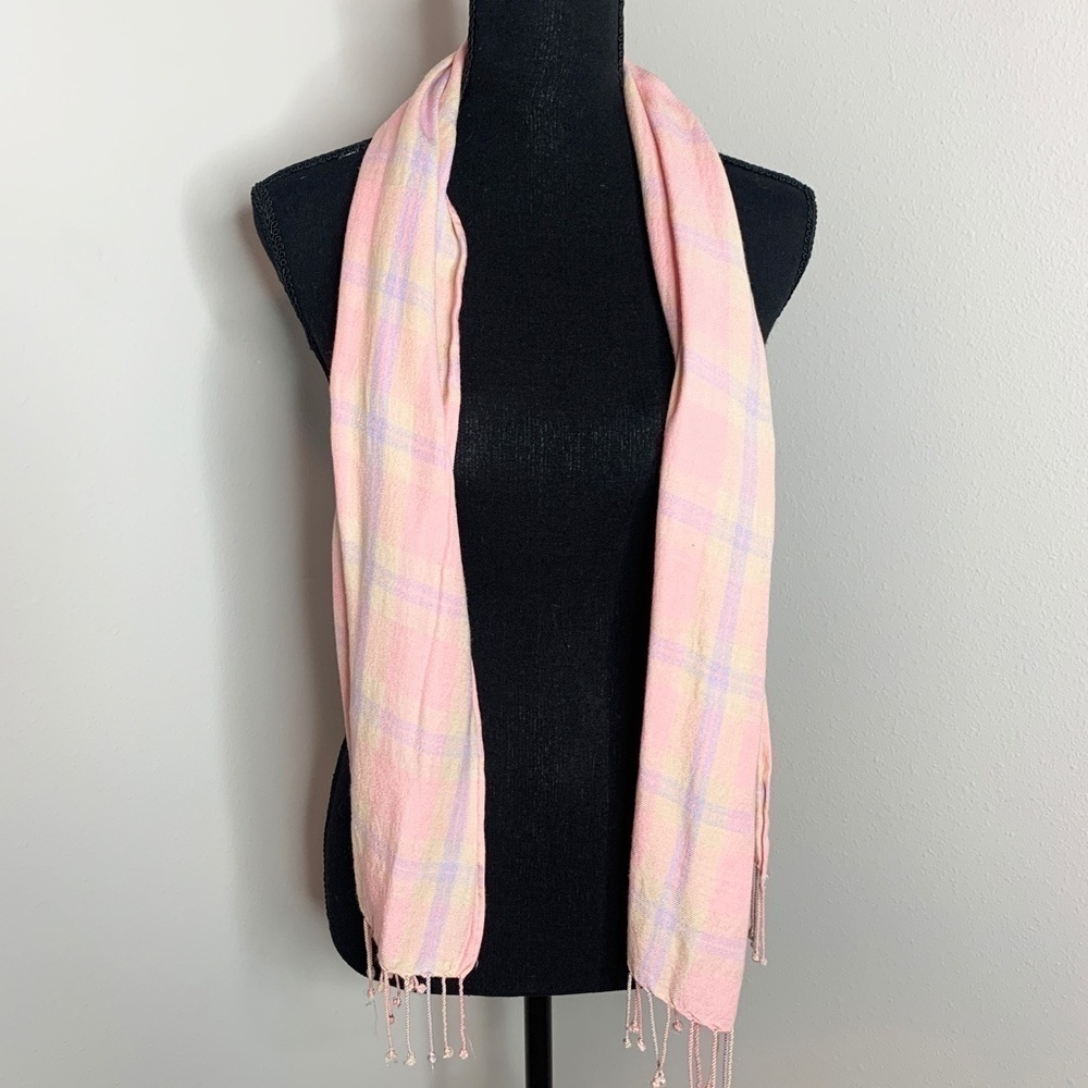 Women's Pink Plaid Tassel Scarf 14x53